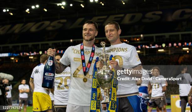 The Leeds United team celebrates becoming champions during the Sky Bet Championship match between Leeds United and Charlton Athletic at Elland Road...