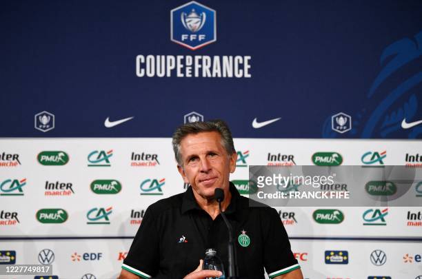 Saint-Etienne's French head-coach Claude Puel reacts during a press conference at the Stade de France, in Saint-Denis, on the outskirts of Paris, on...
