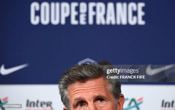 Saint-Etienne's French head coach Claude Puel reacts during a press conference at the Stade de France, in Saint-Denis, on the outskirts of Paris, on...