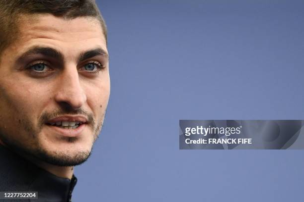 Paris Saint-Germain's Italian midfielder Marco Verratti looks on during a training session at the Stade de France, in Saint-Denis, on the outskirts...
