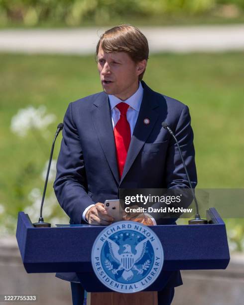 Christopher Nixon Cox, grandson of President Richard Nixon, speaks before U.S. Secretary of State Mike Pompeo takes the podium to deliver a speech on...