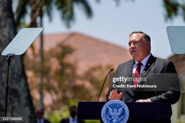 Secretary of State Michael R. Pompeo speaks at the Richard Nixon Presidential Library and Museum on Thursday, July 23, 2020 in Yorba Linda, CA.