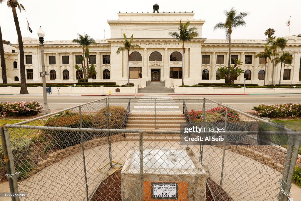 The base of the empty stand in front of Ventura City Hall that held the bronze statue of Father Junipero Serra who founded nine Spanish missions in California including Mission San Buenaventura. The monument, originally commissioned in the 1930s but replac