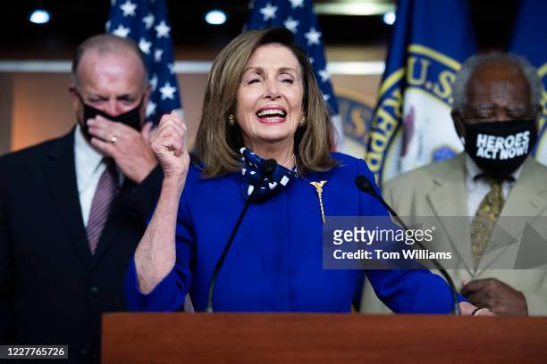 Speaker of the House Nancy Pelosi, D-Calif., tells a story about trying to call Rob Reiner, during a news conference to call for the extension of the...