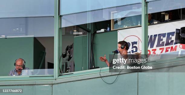 Red Sox radio announcers Joe Castiglione, left, and Will Flemming are pictured in the WEEI booth above home plate. The Boston Red Sox host The...