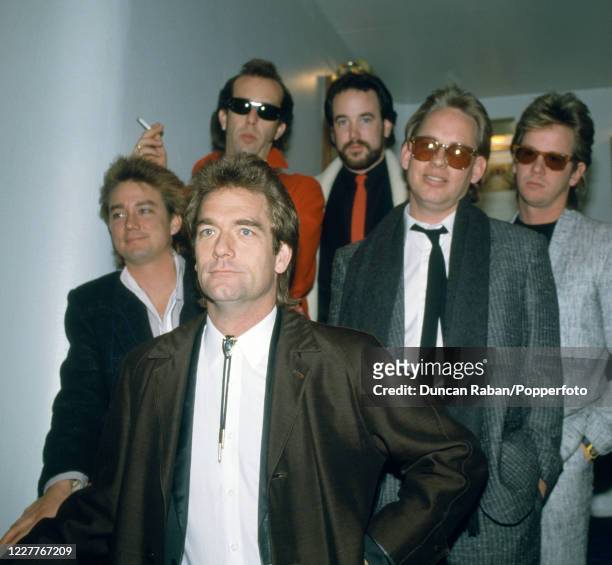 American band Huey Lewis and the News Chris Hayes, Mario Cipollina, Sean Hopper, Bill Gibson, Johnny Colla Huey Lewis during the Brit Awards at...