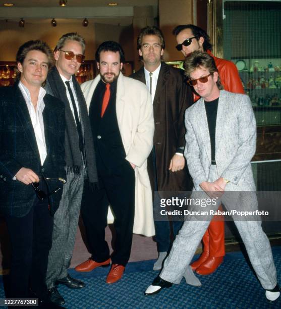 American band Huey Lewis and the News Chris Hayes, Bill Gibson, Sean Hopper, Huey Lewis, Mario Cipollina and Johnny Colla during the Brit Awards at...