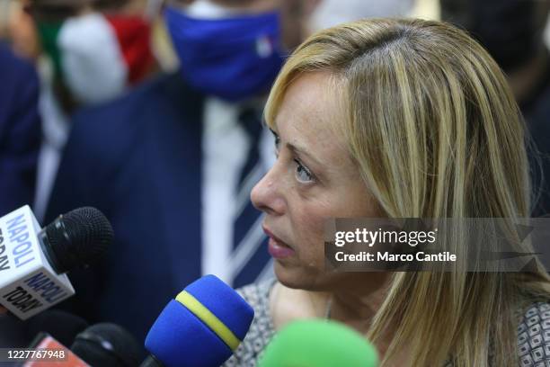 Giorgia Meloni, leader of the Fratelli D'Italia political party, during a press conference in Naples for the regional elections in Campania.