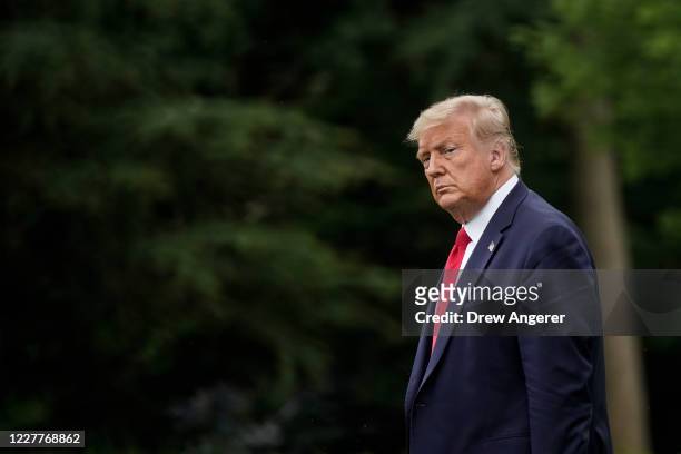 President Donald Trump walks toward Marine One on the South Lawn of the White House on July 24, 2020 in Washington, DC. President Trump is spending...