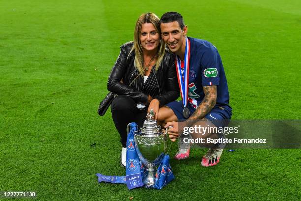 Angel DI MARIA of Paris Saint Germain celebrates hiq victory with his wife Jorgelina CARDOSO after the French Cup Final soccer match between Paris...