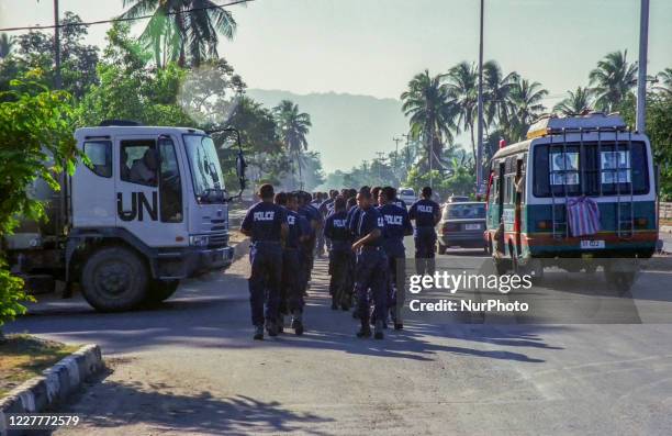 Independence day scene and Timorese daily life on 7day in Dili and Atambua Village, Timor-Leste, on May 20, 2002. Police training on the street at...