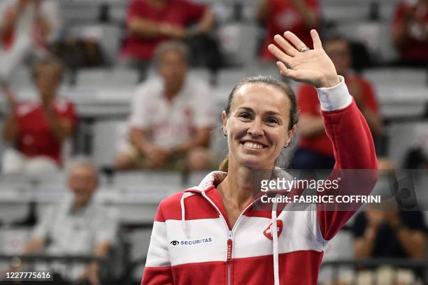 Swiss player Martina Hingis reacts during the ceremony of the Swiss Tennis Pro Cup exhibition tournament on July 25, 2020 in Biel.