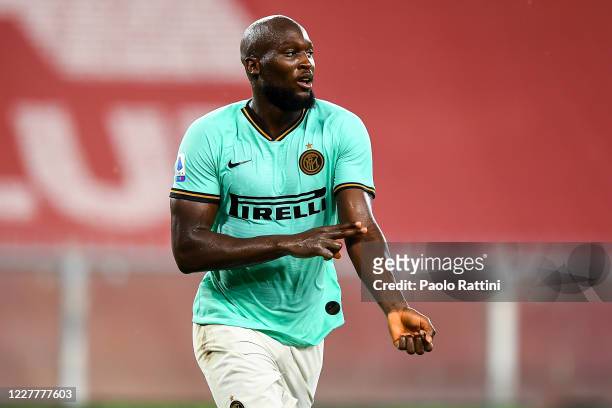Romelu Lukaku of Inter celebrates and gestures with two fingers on his arm after scoring his second goal during the Serie A match between Genoa CFC...
