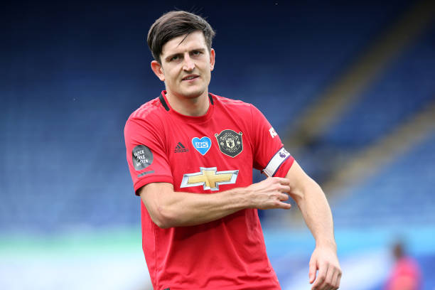 Harry Maguire of Manchester United during the Premier League match between Leicester City and Manchester United at The King Power Stadium on July 26,...
