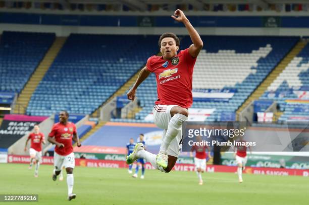 Jesse Lingard of Manchester United celebrates after putting them 2-0 ahead during the Premier League match between Leicester City and Manchester...