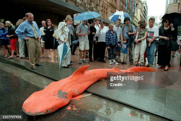 Curious onlookers stare at an orange-painted 3m tiger shark mysteriously dumped in a pedestrian mall in Sydney, 20 March 2000, along with a note...