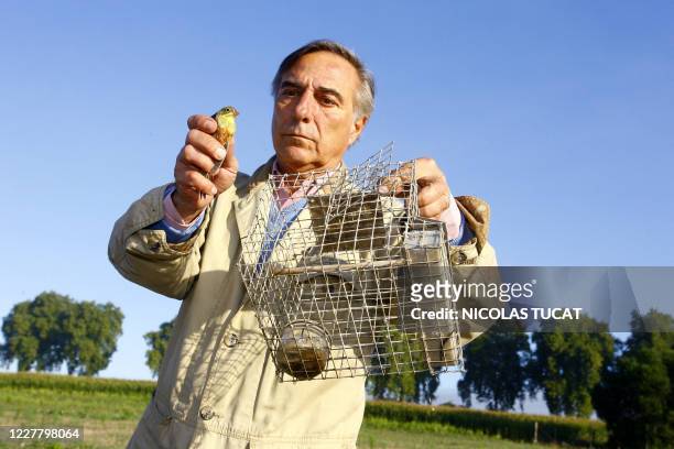 Le président de la Ligue de protection des oiseaux , Allain Bougrain-Dubourg, s'apprête à remettre en liberté un ortolan prisonnier d'un piège de...
