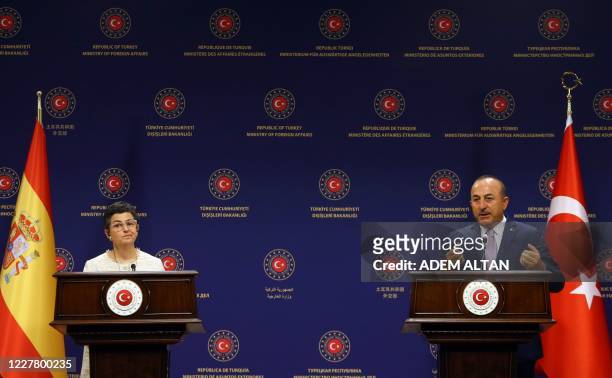 Turkish Foreign Affairs Minister Mevlut Cavusoglu and Spanish Foreign Affairs and European Union and Cooperation Minister Arancha Gonzalez Laya hold...