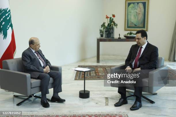 Lebanese President Michel Aoun meets Lebanese Prime Minister Hassan Diab after the Cabinet Meeting on July 28 at the Baabda Palace in Beirut,...