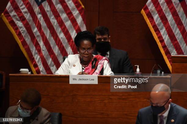 Rep. Shirley Lee Jackson questions Attorney General William Barr during a hearing about federal forces during protests held before the House...