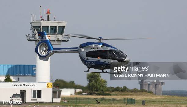 Stephan Balliet is transported by police in a helicopter after the third day of his trial on July 28, 2020 in Magdeburg, eastern Germany. Stephan...