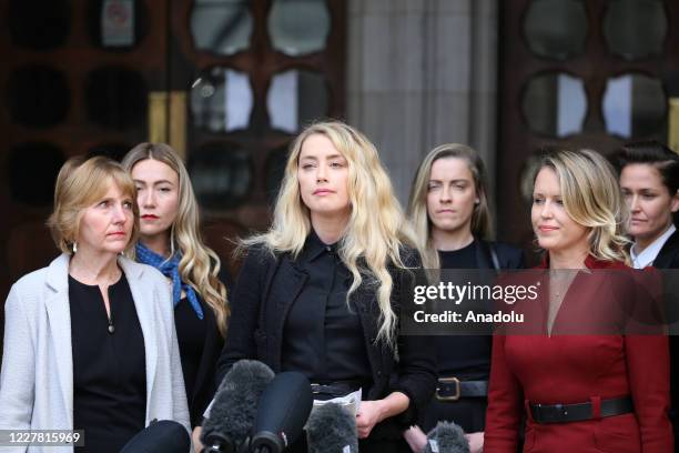 American actress Amber Heard makes a statement outside the Royal Courts of Justice in London, England on July 28, 2020.