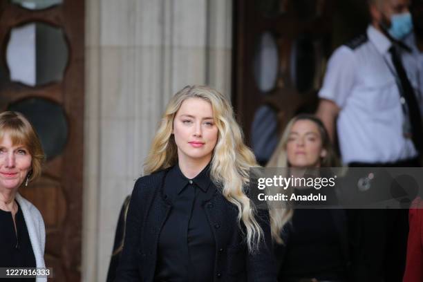 American actress Amber Heard makes a statement outside the Royal Courts of Justice in London, England on July 28, 2020.