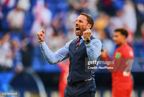 Gareth Southgate celebrating the victory after the FIFA World Cup match England versus Sweden at Samara Arena, Samara, Russia on July 7, 2018.