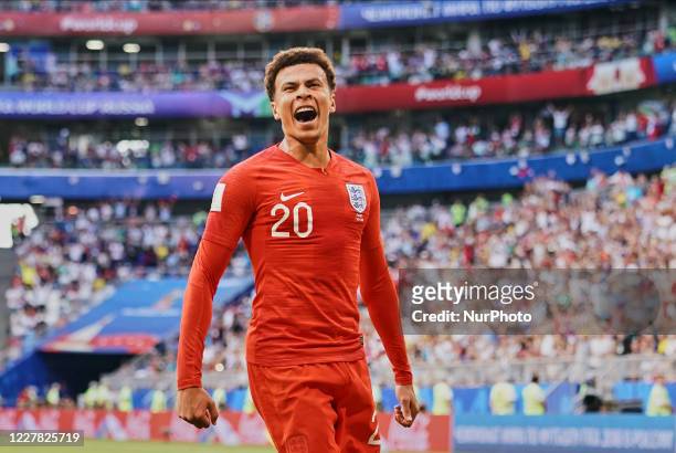 Dele Alli of England celebrating scoring to 0-2 in the 59rd minute during the FIFA World Cup match England versus Sweden at Samara Arena, Samara,...