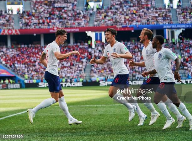 Harry Kane of England and John Stones of England celerbrates the goal to 4-0 in the 40th minute during the FIFA World Cup match England versus Panama...