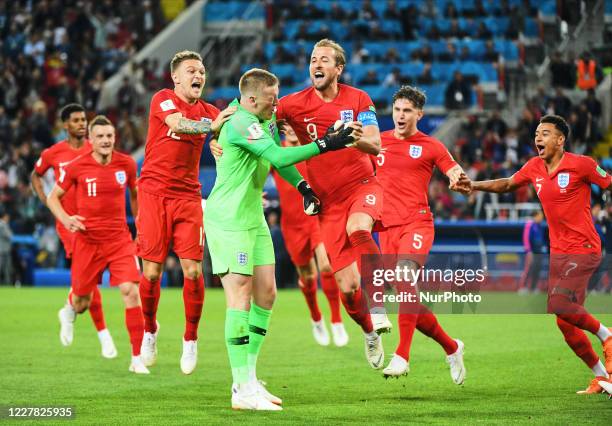 Jordan Pickford of England, Kieran Trippier of England and Harry Kane of England celebrating the win during the FIFA World Cup match England versus...