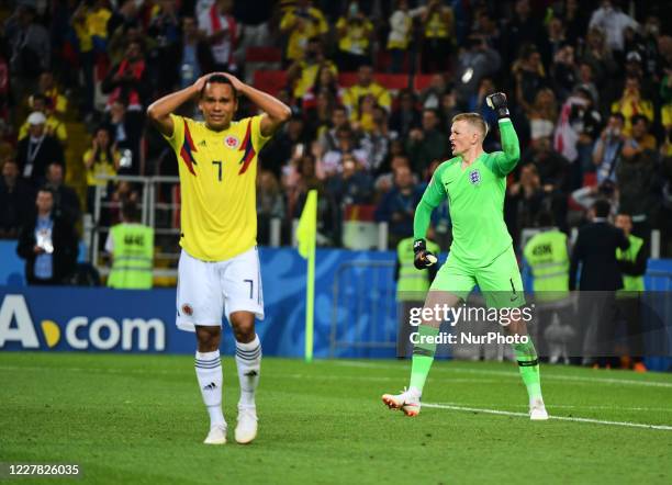 Jordan Pickford of England after saving the penalty from Carlos Bacca of Colombia during the FIFA World Cup match England versus Colombia at Spartak...