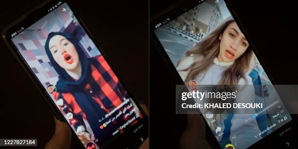 This combination of pictures taken on July 28, 2020 shows a woman watching videos of video of Egyptian influencers Haneen Hossam and Mowada al-Adham,...