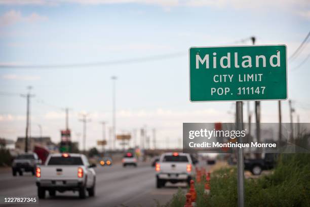 Road sign is posted on July 29, 2020 in Midland, Texas. President Donald Trump will speak at the Double Eagle Energy rig in Midland where he is...