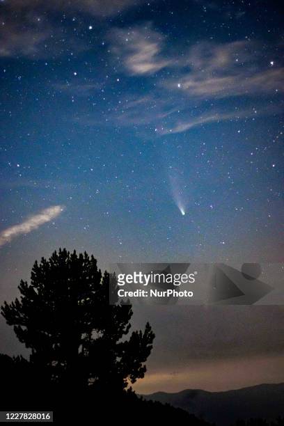 Comet NEOWISE as seen during the night from Olympus Mountain the mythical mountain in Ancient Greek culture, near Petrostrouga refuge at the trail...