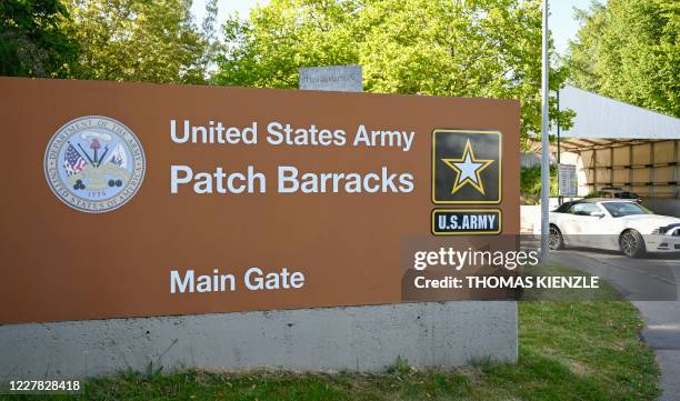 The main gate of the United States European Command headquarters at the Patch Barracks is seen in Stuttgart, southern Germany, on July 29, 2020. -...