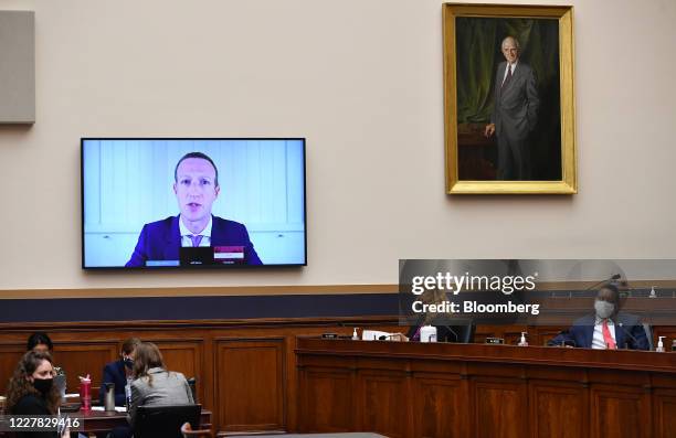 Mark Zuckerberg, chief executive officer and founder of Facebook Inc., speaks via videoconference during a House Judiciary Subcommittee hearing in...