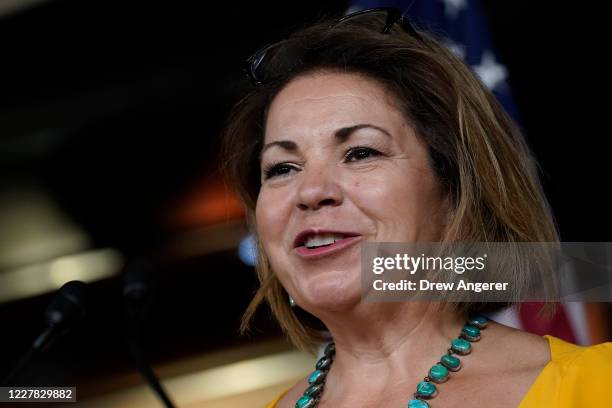 Rep. Linda Sanchez speaks during a news conference about the Child Care Is Essential Act and the Child Care For Economic Recovery Act at the U.S....