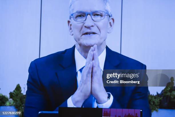 Tim Cook, chief executive officer of Apple Inc., speaks via videoconference during a House Judiciary Subcommittee hearing in Washington, D.C., U.S.,...