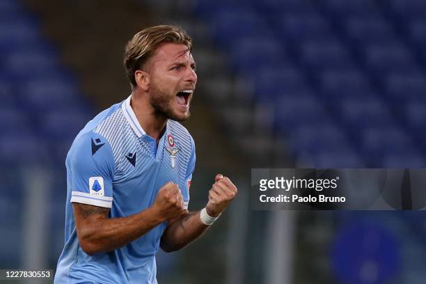Ciro Immobile of SS Lazio celebrates after scoring the team's second goal during the Serie A match between SS Lazio and Brescia Calcio at Stadio...
