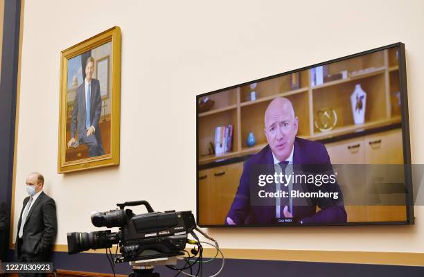 Jeff Bezos, founder and chief executive officer of Amazon.com Inc., speaks via videoconference during a House Judiciary Subcommittee hearing in...