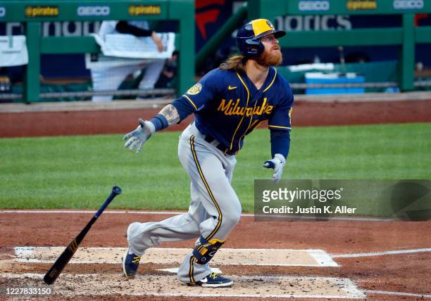 Ben Gamel of the Milwaukee Brewers hits a two-run home run in the third inning against the Pittsburgh Pirates at PNC Park on July 29, 2020 in...