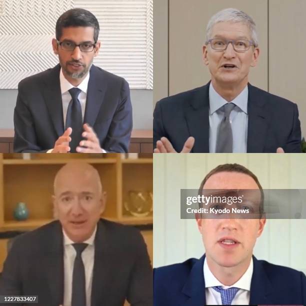 Screenshot image shows CEOs Sundar Pichai of Google LLC, Tim Cook of Apple Inc., Mark Zuckerberg of Facebook Inc. And Jeff Bezos of Amazon.com Inc....