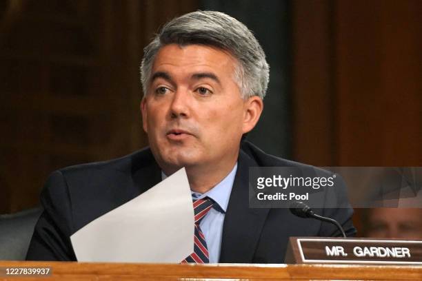 Sen. Cory Gardner asks a question to Secretary of State Mike Pompeo during a Senate Foreign Relations Committee hearing on July 30, 2020 to discuss...
