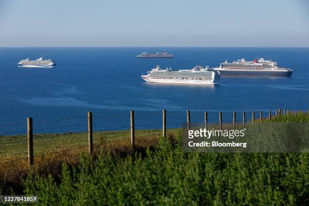 Cruise ships, from left to right, Marella Explorer 2, operated Tui AG, Queen Elizabeth, operated by Cunard Line Ltd., Azura, operated by P&O Cruises,...