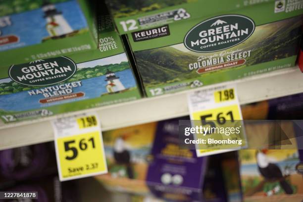 Boxes of Keurig Dr Pepper Inc. Green Mountain brand K-cup coffee pods are displayed for sale at a grocery store in Louisville, Kentucky, U.S., on...