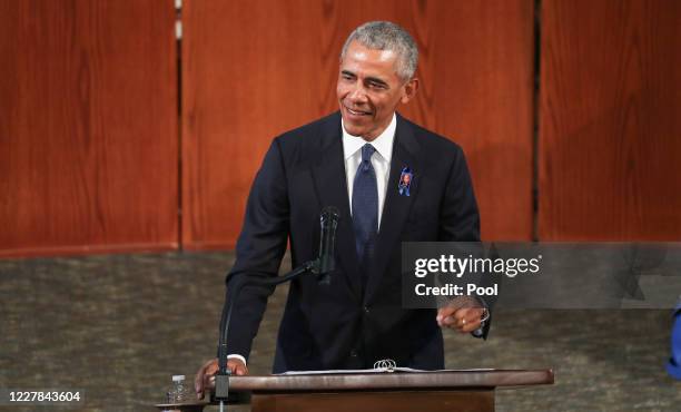 Former President Barack Obama gives the eulogy at the funeral service for the late Rep. John Lewis at Ebenezer Baptist Church on July 30, 2020 in...