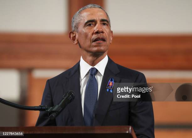 Former U.S. President Barack Obama speaks during the funeral service of the late Rep. John Lewis at Ebenezer Baptist Church on July 30, 2020 in...