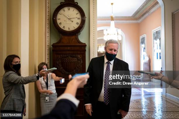 White House Chief of Staff Mark Meadows talks to reporters after meeting with Senate Majority Leader Mitch McConnell at the U.S. Capitol on July 30,...