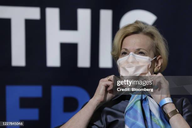 Deborah Birx, coronavirus response coordinator, wears a protective mask during a roundtable discussion at the American Red Cross National...